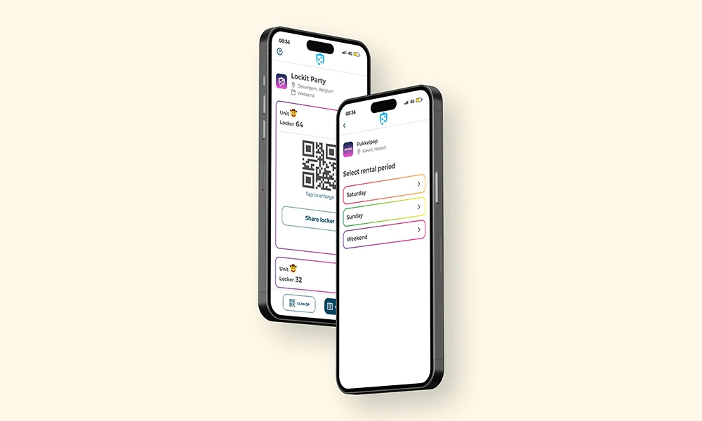 Een render van de look & feel van onze applicatie. Gebruikers kunnen lockers huren en hun gehuurde lockers bekijken/openen aan de hand van een unieke QR code.